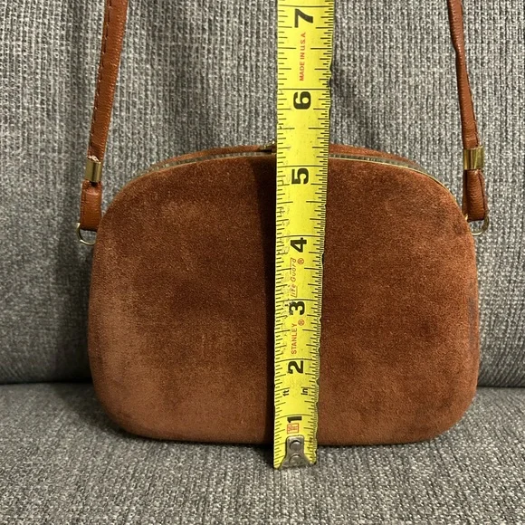Brown Suede Crossbody Bag with clasp closure & gold hardware - Picture 10 of 11